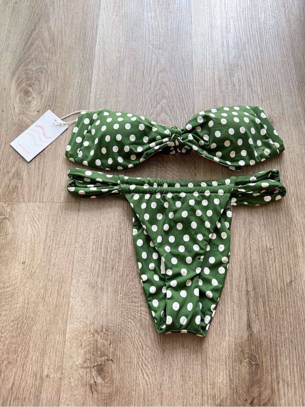 dippin daisys green & white polka dot bandeau cheeky bikini set size small NEW